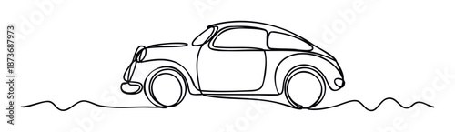 Stylized black continuous line drawing of a classic compact car with a vintage rounded body design on a subtle wavy road, ideal for modern graphic design projects, automotive themes, or