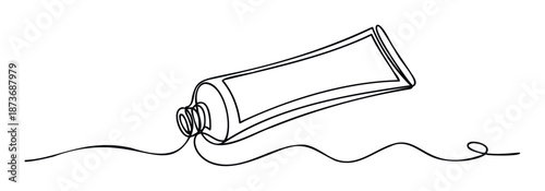 Continuous line drawing of a minimalist tube container for skincare products or cosmetic supplies, useful for product promotions and branding presentations.