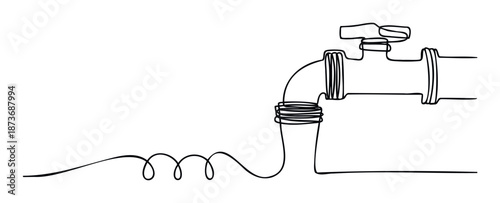 Minimalist continuous line drawing of a water faucet and pipe representing flow and connection, suitable for plumbing services, environmental campaigns, or educational materials.