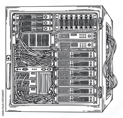 Detailed line drawing of a server rack filled with interconnected networking equipment and data cables, perfect for technology documentation, cybersecurity concepts, and IT infrastructure