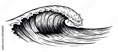Dynamic ocean wave drawing showcasing powerful surf motion for marine themed posters, extreme sports promotions, or coastal travel marketing materials