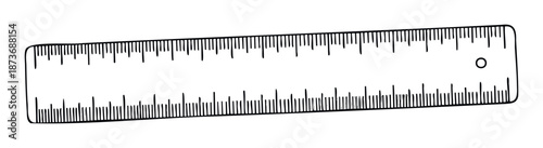 Hand drawn sketch style ruler with black outline markings and a round hole, perfect for educational resources, back to school materials, and creative design projects.