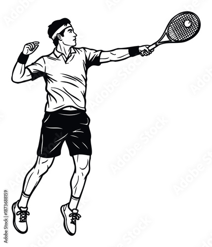 A dynamic black and white graphic of a male tennis player in midair performing a powerful serve, ideal for sports marketing, active lifestyle promotions, or athletic event branding.