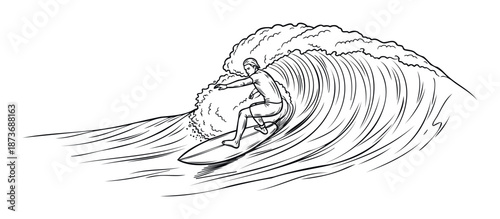 Dynamic line drawing of a surfer skillfully riding a powerful ocean wave, ideal for extreme water sports and active outdoor adventure content.