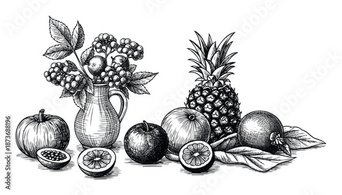 Detailed black and white engraving style drawing of a diverse still life arrangement featuring various fresh fruits and berries for healthy food and agricultural themes