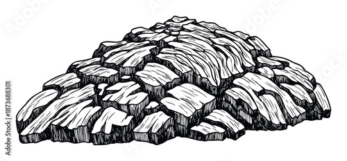 Detailed monochrome sketch of a rugged stacked stone formation, ideal for use in geological studies, natural environment themes, and educational project materials.