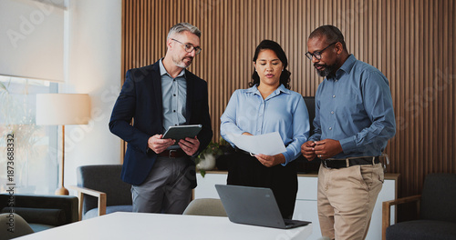 Photography Office, business people or reading document for review, evaluation or assessment of investment proposal