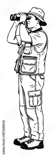 Hand drawn sketch of a dedicated male observer in a hat and vest using binoculars, perfect for illustrating outdoor adventure, wildlife viewing, and travel exploration guides.
