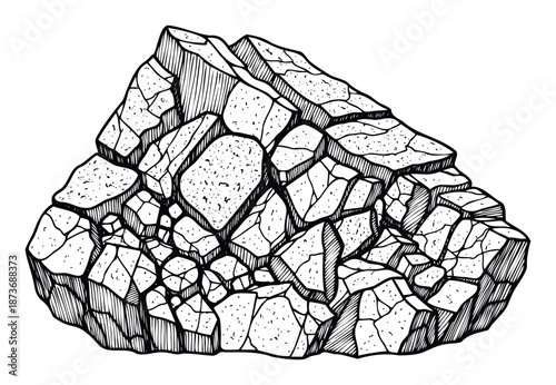 Detailed handdrawn monochrome rock formation depicting a rugged geological landscape perfect for nature themed publications and educational materials