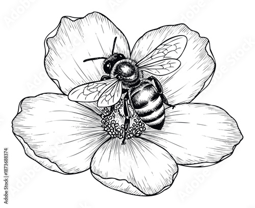 Black and white hand drawn graphic of a bee collecting nectar from a blooming flower for nature themed educational materials or environmentally conscious product branding
