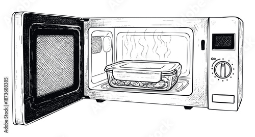 Open microwave oven with a steaming food container inside, perfect for culinary blogs, kitchen appliance advertisements, and food preparation instructions
