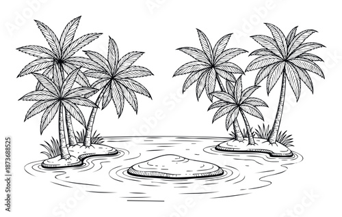 Handdrawn black and white tropical island scene featuring palm trees on small land masses surrounded by water, perfect for vacation themed graphic projects, travel branding, or relaxing