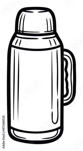 Simple black outline drawing of a portable beverage thermos or travel mug with a handle, ideal for hot or cold drinks, perfect for graphic assets, educational materials, or a product icon.