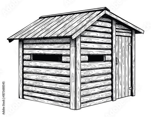 Black and white line drawing of a rustic wooden cabin featuring log walls, two windows, and a side door, perfect for adding an outdoor or wilderness touch to various graphic applications.