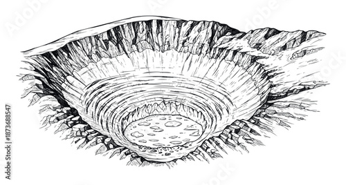 Monochromatic pen and ink drawing depicting a massive geological sinkhole featuring stratified rock formations and scattered boulders below, ideal for geological reports or mystery themed