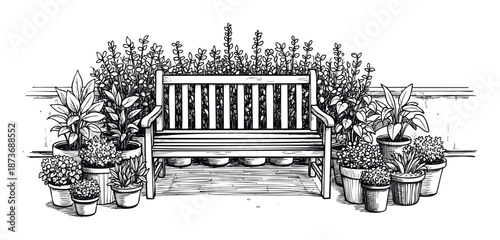 Black and white sketch of a peaceful outdoor garden area featuring a classic wooden bench amidst a collection of potted flowering and leafy green plants for home and garden publication needs