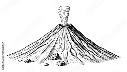 Hand drawn vintage style active volcano erupting smoke and ash, perfect for educational geology books or natural disaster documentary visuals