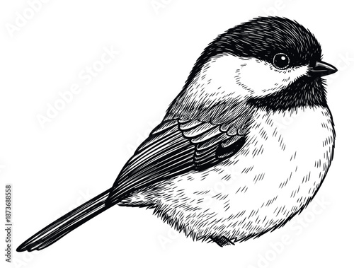 Detailed black and white engraving of a small chickadee bird perfect for naturethemed publications educational materials and wildlife conservation projects