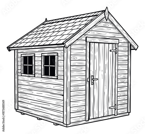 A rustic wooden garden shed with a shingle roof and two windows, featuring a prominent door with a handle, perfect for outdoor storage concepts, home improvement projects, or educational