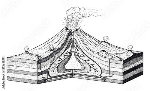 Detailed geological cross section showing an active volcano with an erupting cone, magma chamber, conduits, and various rock layers perfect for earth science education or scientific