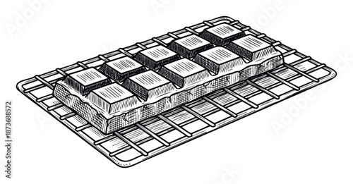 Mouthwatering segmented chocolate bar resting on a metal cooling rack presented in a monochrome line style ideal for food packaging and gourmet dessert related marketing materials.