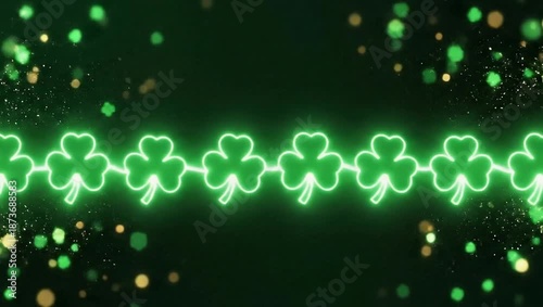 Neon Shamrocks Glowing in a Row with Green and Gold Bokeh Particles.
