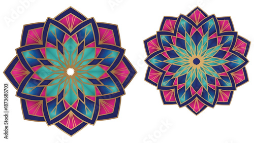 Two geometric Islamic flowers with metallic gold accents