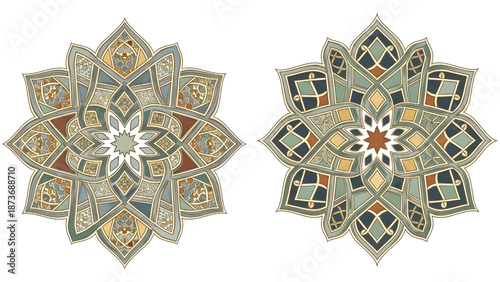 Two geometric Islamic flowers with metallic gold accents