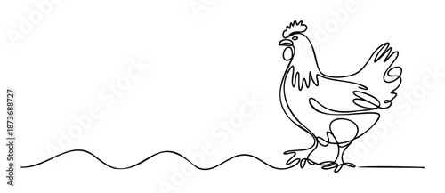 Minimalist continuous line drawing of a chicken standing on a wavy line, perfect for farm animal branding, simple graphic design elements, or modern poultry related product packaging.