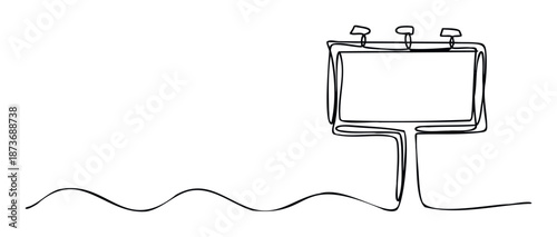 Continuous line drawing of a blank outdoor advertising billboard structure on a pole, ideal for use in minimalist marketing campaigns, creative presentations, or abstract brand identity