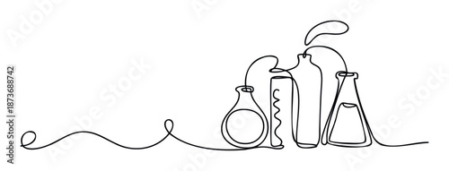 Continuous one line drawing portraying various chemistry laboratory glassware and beakers with reactions, perfect for scientific education materials, modern research branding, or