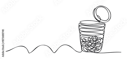Continuous single line drawing of an open trash bin filled with crumpled tangled papers, symbolizing waste management and environmental concepts, suitable for ecofriendly branding and