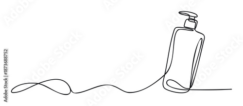 Simple continuous one line drawing depicting a modern pump bottle for soap or lotion, suitable for minimalist packaging concepts and personal care marketing campaigns.