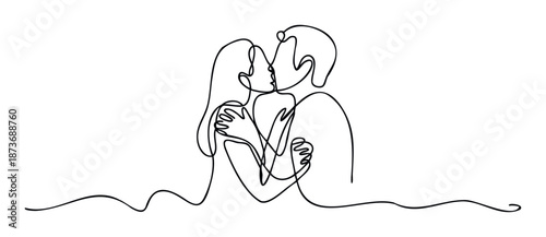 Elegant one line drawing depicting a romantic couple sharing an intimate kiss, suitable for expressing affection, unity, and emotional bonds in various design applications