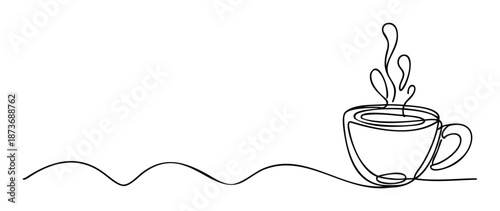 Minimalist continuous line drawing of a steaming coffee cup perfect for cafe menu backgrounds greeting cards or a simple decorative banner for drink related promotions