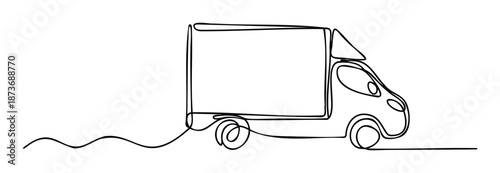 Single continuous line drawing of a delivery box truck, symbolizing efficient logistics and transportation services, suitable for websites, presentations, and marketing materials related to