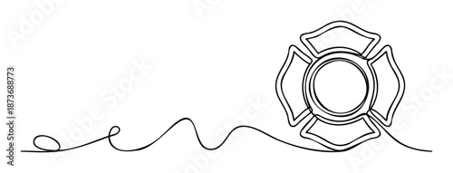 Continuous line drawing of a fire department Maltese cross emblem symbolizing emergency services and community protection, ideal for logos, educational materials, or safety awareness