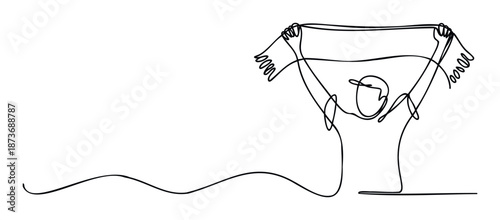 Dynamic continuous line artwork showing a fan enthusiastically holding up a scarf, great for illustrating team spirit, victory celebrations, and sporting culture content.
