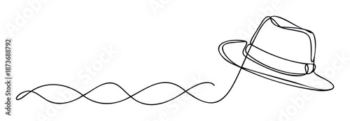 Minimalist continuous line drawing depicting a stylish fedora hat emerging from a flowing abstract curve, perfect for sophisticated branding and graphic design projects.