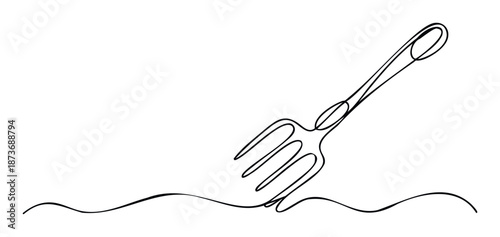 Continuous line drawing of a gardening fork digging into wavy ground, perfect for gardening blogs, sustainable lifestyle websites, or minimalist naturethemed branding.