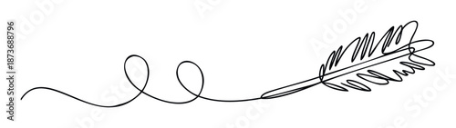A flowing minimalist one line drawing of a delicate feather with elegant swirls, symbolizing writing, inspiration, and grace for various graphic applications.