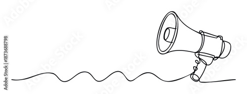 Minimalist continuous line drawing of a megaphone with a wavy communication line extending to the left, perfect for conveying announcements, marketing messages, or important alerts.