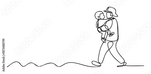 Continuous line drawing of an adult carrying a small child walking with a wavy path concept for parental love and family bond graphics