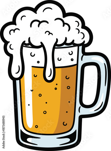 Vibrant cartoon illustration of a glass beer mug filled with golden ale and overflowing white foam.