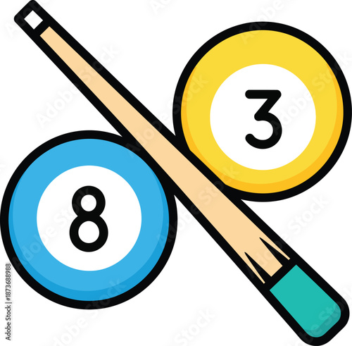 Stylized pool game icon with a blue 8ball yellow 3ball and a diagonal cue stick.