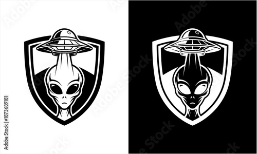 Alien head with UFO hat in a shield emblem design.