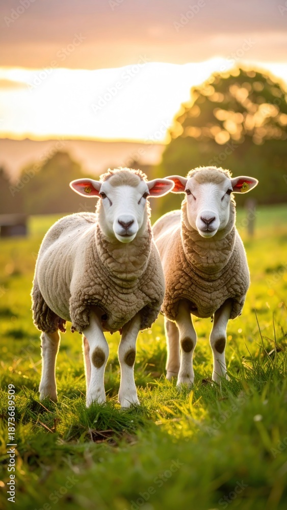 Obraz premium Two Sheep Sunset Field.