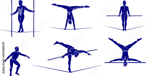 Tightrope Walker High Wire Silhouette Circus Acrobat Balancing Wire Act Performer Black Vector Isolated White Background Artist Balance Aerial Professional Tightrope
