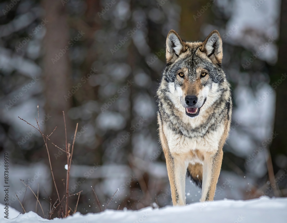 Fototapeta premium A regal wolf standing in the snow, gazing directly at the viewer