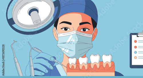 A focused dental professional, masked and capped, holds specialized tools near a teeth and gum model, illustrating modern oral healthcare.